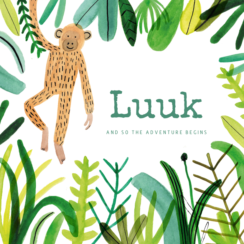 Jungle geboortekaartje aap en bladeren groen jongen - Geboortekaartjes Geboortekaartjes - Jungle geboortekaartje aap en bladeren groen jongen