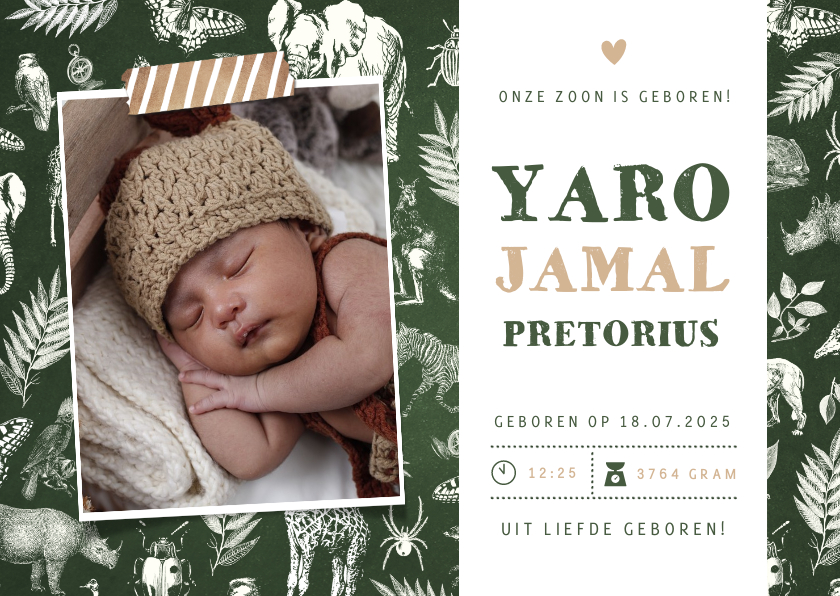 Jungle geboortekaartje jongen met dieren en een eigen foto - Geboortekaartjes Geboortekaartjes - Jungle geboortekaartje jongen met dieren en een eigen foto