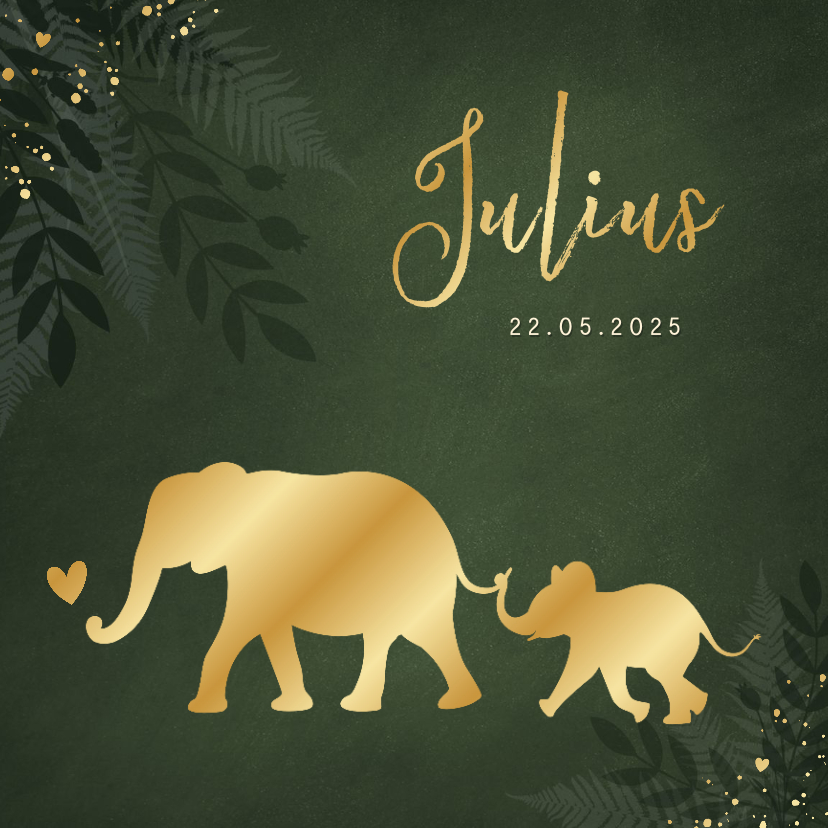 Geboortekaartjes - Jungle geboortekaartje jongen met gouden silhouet olifant
