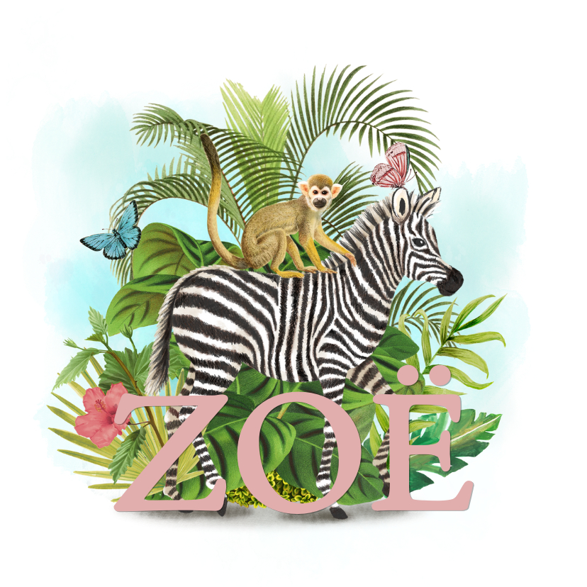 Jungle geboortekaartje met zebra en aapje en vlinders - Geboortekaartjes Geboortekaartjes - Jungle geboortekaartje met zebra en aapje en vlinders