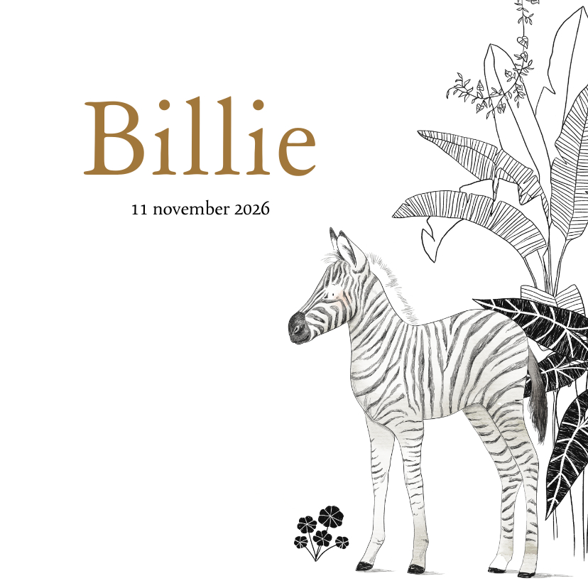 Jungle geboortekaartje met zebra en botanische planten - Geboortekaartjes Geboortekaartjes - Jungle geboortekaartje met zebra en botanische planten