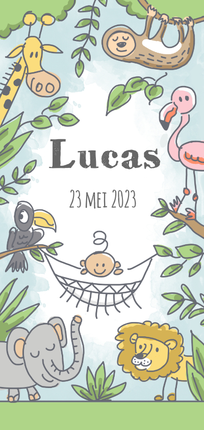 Junglekaartje met baby in hangmat en wilde dieren - Geboortekaartjes Geboortekaartjes - Junglekaartje met baby in hangmat en wilde dieren