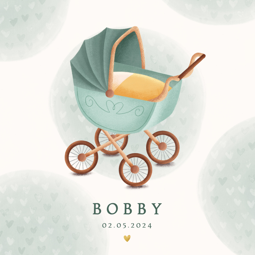 Klassiek geboortekaartje kinderwagen waterverf en hartjes - Geboortekaartjes Geboortekaartjes - Klassiek geboortekaartje kinderwagen waterverf en hartjes