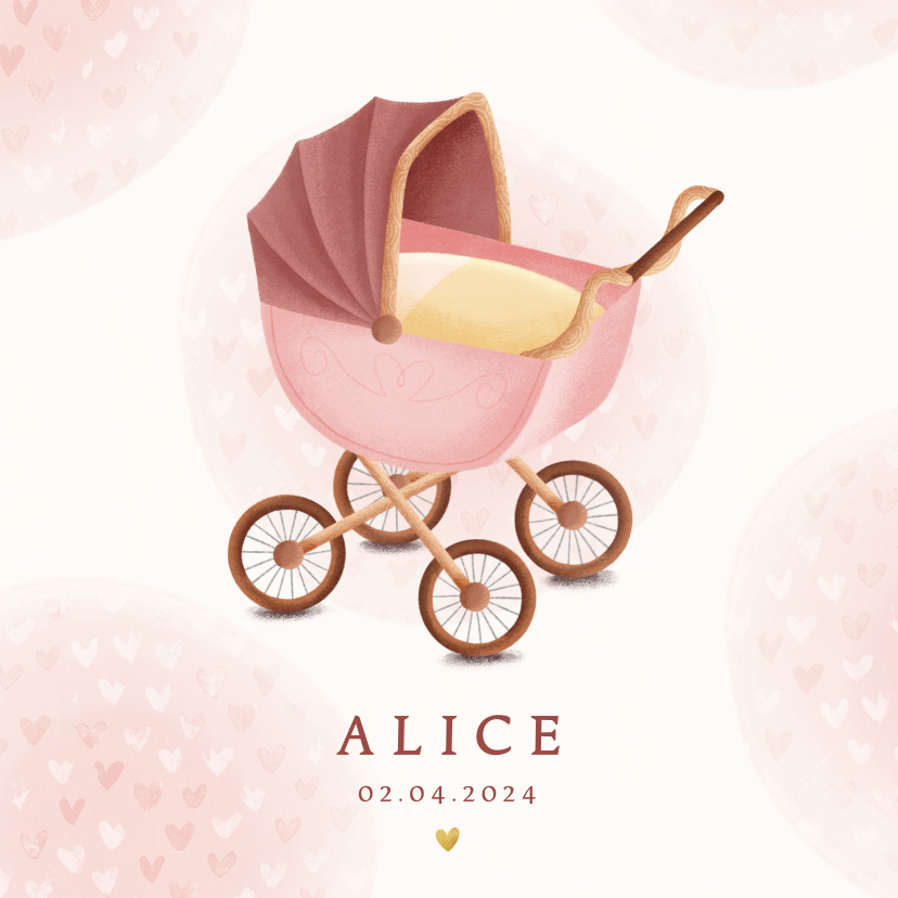 Klassiek geboortekaartje meisje met kinderwagen en hartjes - Geboortekaartjes Geboortekaartjes - Klassiek geboortekaartje meisje met kinderwagen en hartjes