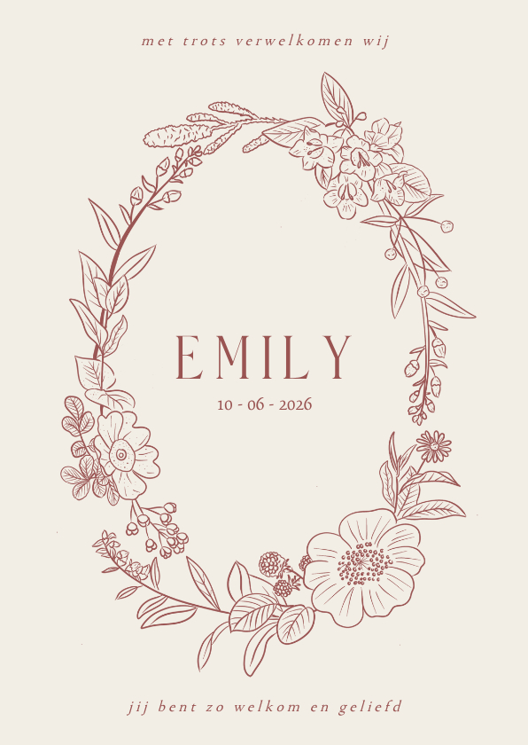 Geboortekaartjes - Klassiek geboortekaartje met een bloemenkrans in rood