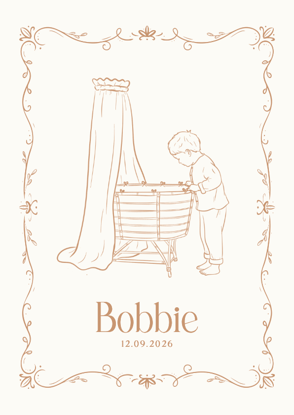 Geboortekaartjes - Klassiek geboortekaartje wieg en grote broer beige