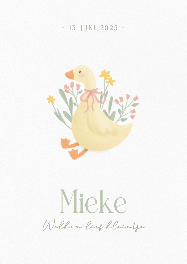 Klassiek wit geboortekaartje meisje met gansje en bloemen - Geboortekaartjes Geboortekaartjes - Klassiek wit geboortekaartje meisje met gansje en bloemen