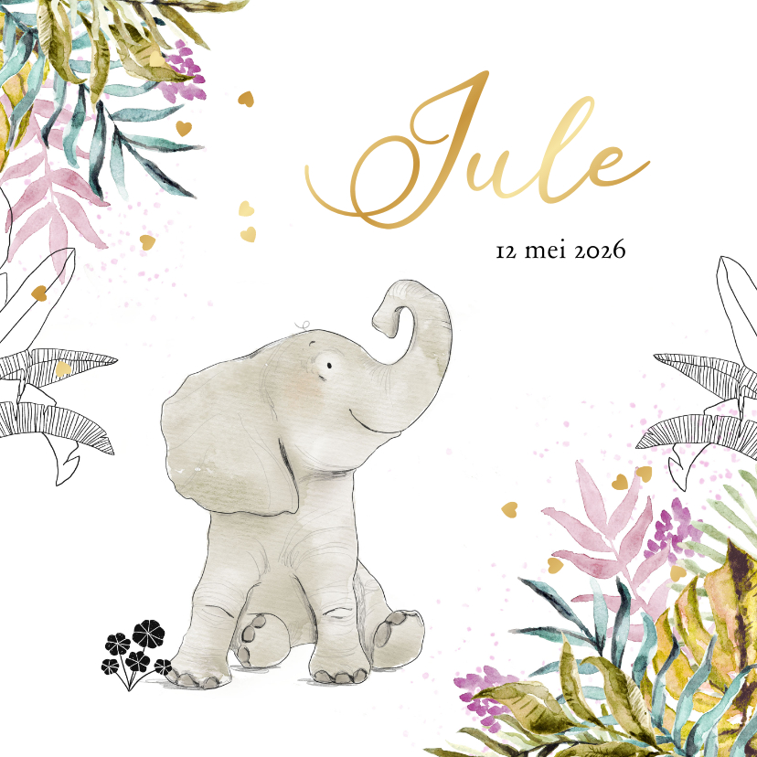 Kleurrijk geboortekaartje botanisch watercolour olifant goud - Geboortekaartjes Geboortekaartjes - Kleurrijk geboortekaartje botanisch watercolour olifant goud