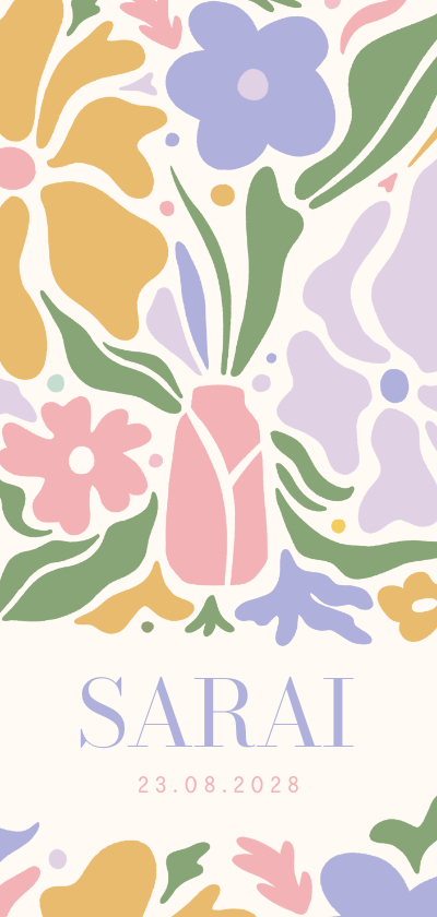 Geboortekaartjes - Langwerpig geboortekaartje meisje met pastel bloemen