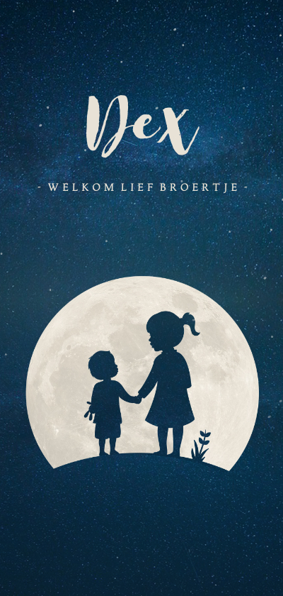 Langwerpig geboortekaartje met silhouet zus en broertje - Geboortekaartjes Geboortekaartjes - Langwerpig geboortekaartje met silhouet zus en broertje