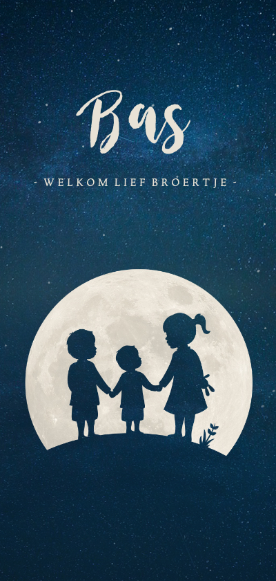 Geboortekaartjes - Langwerpig geboortekaartje silhouet 3 kinderen in een maan 