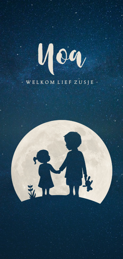 Langwerpig geboortekaartje silhouet broer met zusje in maan - Geboortekaartjes Geboortekaartjes - Langwerpig geboortekaartje silhouet broer met zusje in maan