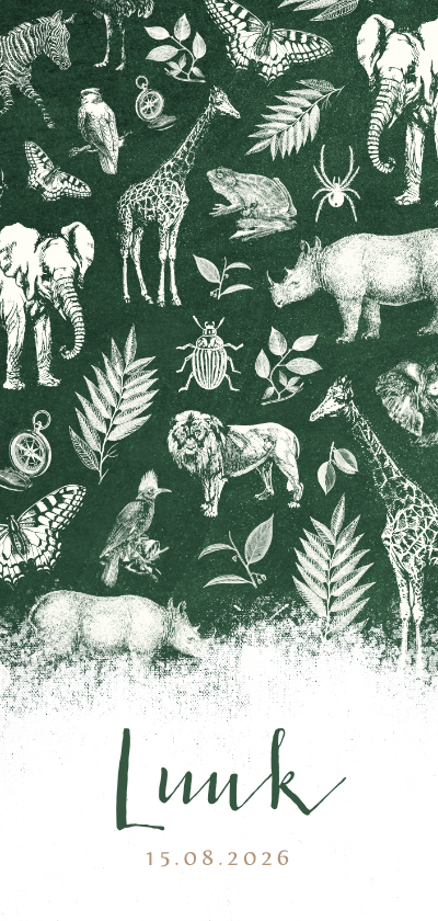 Langwerpig stoer geboortekaartje jungle met allerlei dieren - Geboortekaartjes Geboortekaartjes - Langwerpig stoer geboortekaartje jungle met allerlei dieren