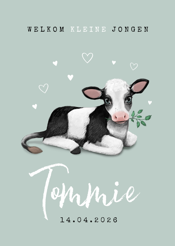 Lente geboortekaartje koe hartjes unisex dieren - Geboortekaartjes Geboortekaartjes - Lente geboortekaartje koe hartjes unisex dieren