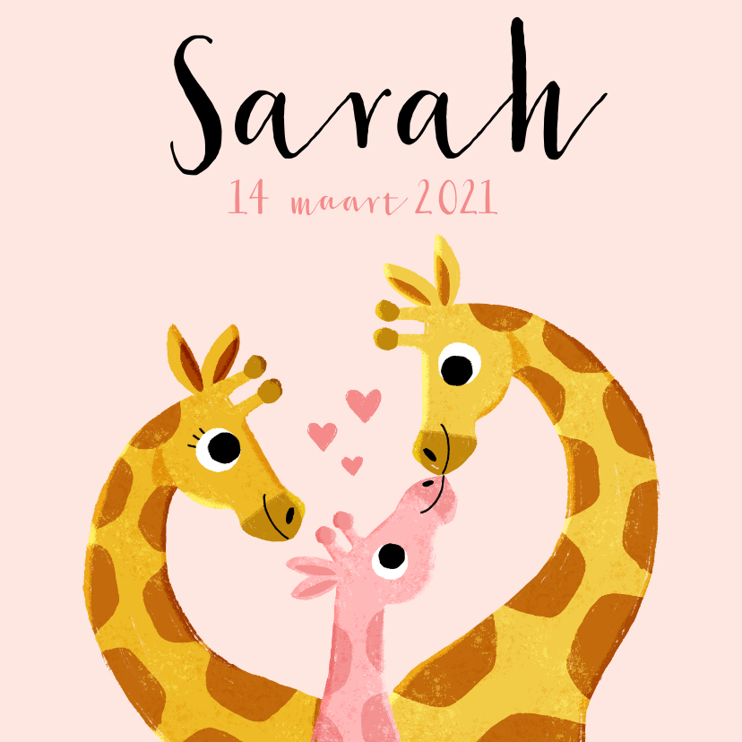 Geboortekaartjes - Leuk geboortekaartje met 3 giraffes en hartjes
