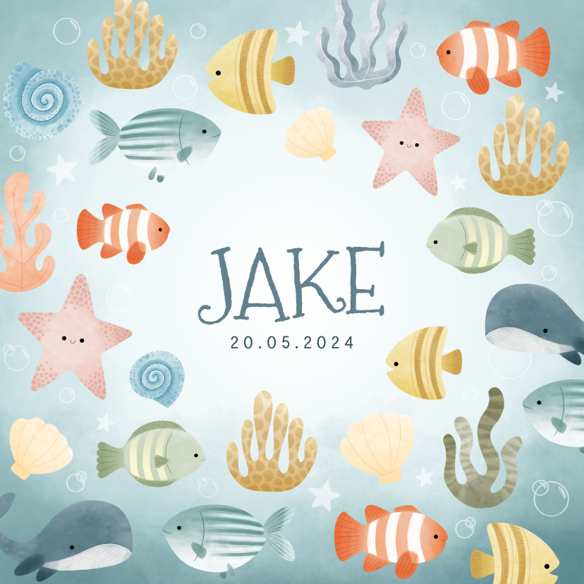 Leuk geboortekaartjes met visjes plantjes belletjes oceaan - Geboortekaartjes Geboortekaartjes - Leuk geboortekaartjes met visjes plantjes belletjes oceaan