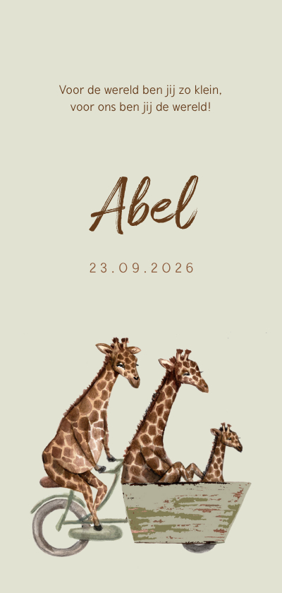 Lichtgroen geboortekaartje met giraffen op een fiets - Geboortekaartjes Geboortekaartjes - Lichtgroen geboortekaartje met giraffen op een fiets