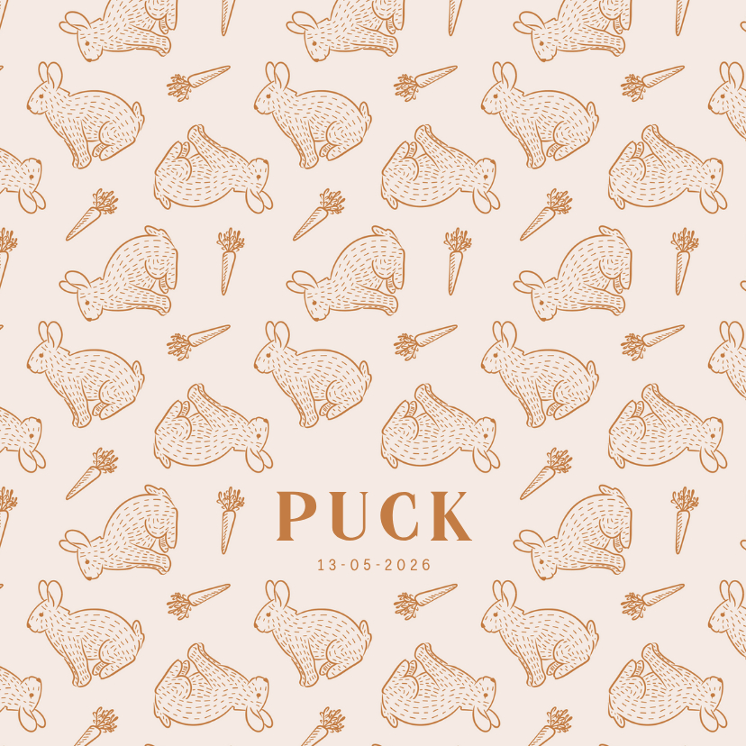Lief beige geboortekaartje met konijntjes patroon - Geboortekaartjes Geboortekaartjes - Lief beige geboortekaartje met konijntjes patroon