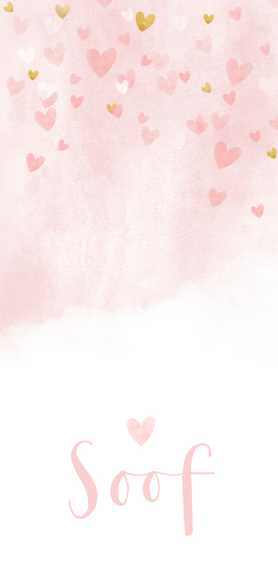 Geboortekaartjes - Lief en hip langwerpig geboortekaartje met waterverf hartjes