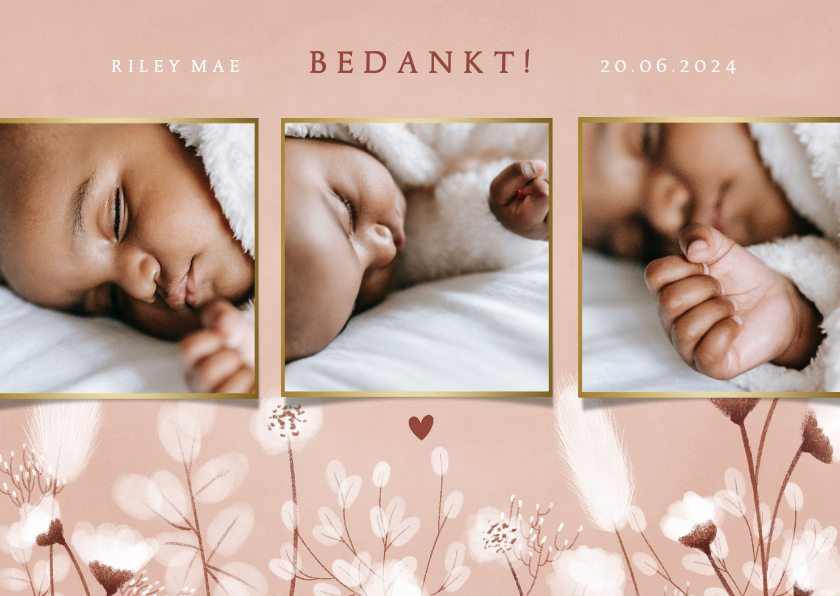 Geboortekaartjes - Lief geboorte bedankkaartje droogbloemen en foto's