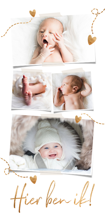 Geboortekaartjes - Lief geboortekaartje 4 foto's hartjes en goud koperlook