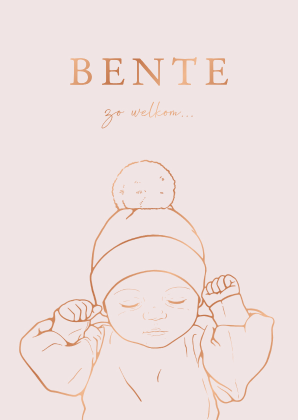 Lief geboortekaartje baby met mutsje – koperfolie - Geboortekaartjes Geboortekaartjes - Lief geboortekaartje baby met mutsje – koperfolie