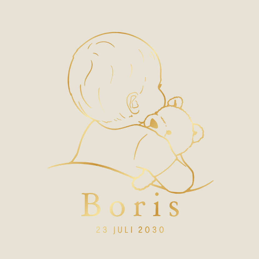 Lief geboortekaartje baby met teddybeer – goudfolie - Geboortekaartjes Geboortekaartjes - Lief geboortekaartje baby met teddybeer – goudfolie