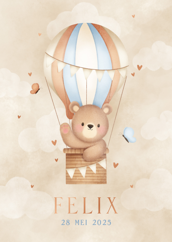 Lief geboortekaartje beertje in luchtballon vlinders en wolk - Geboortekaartjes Geboortekaartjes - Lief geboortekaartje beertje in luchtballon vlinders en wolk