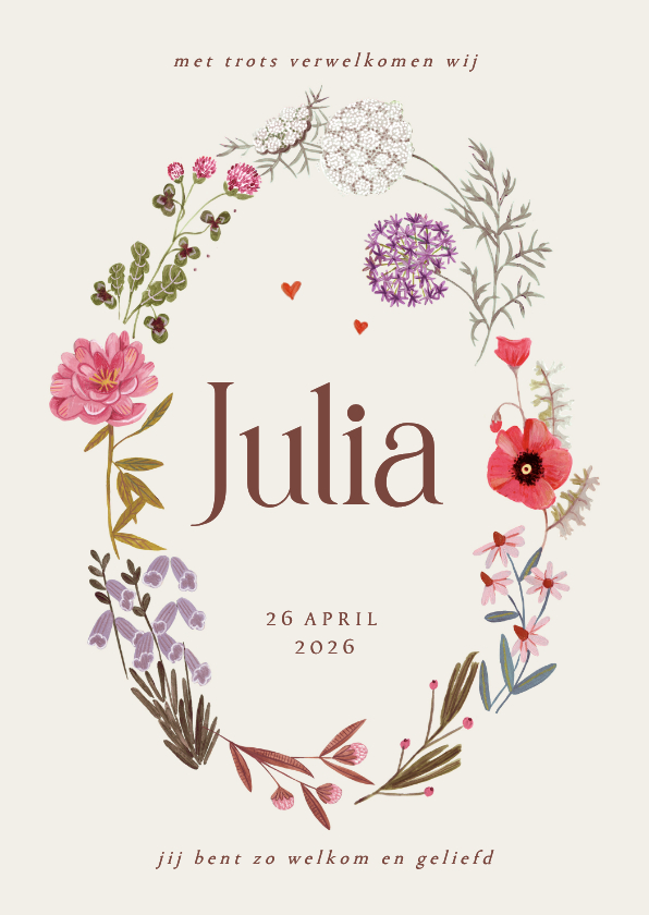 Geboortekaartjes -  Lief geboortekaartje bloemen krans ovaal