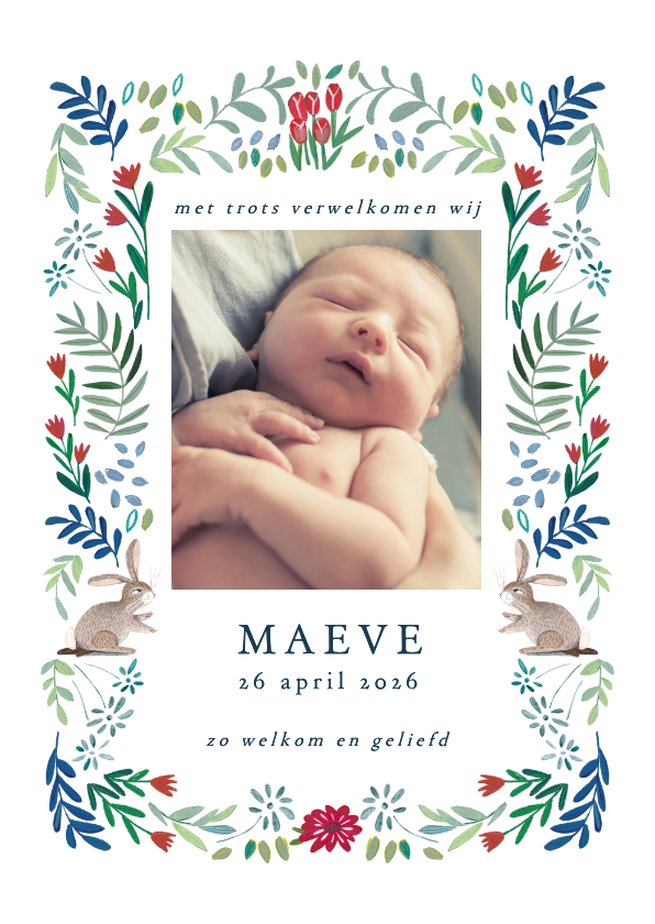 Geboortekaartjes - Lief geboortekaartje bloemen rand en konijn