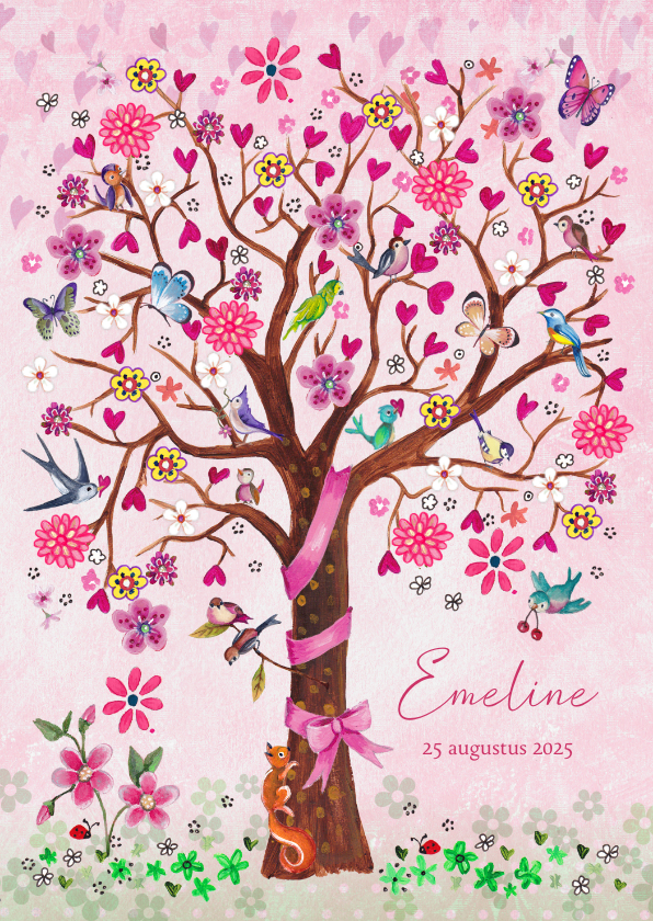 Geboortekaartjes - Lief geboortekaartje boom roze meisje vogels en bloemen