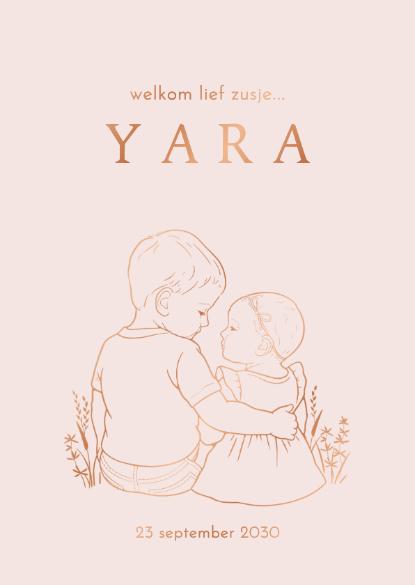 Lief geboortekaartje broer met arm om zusje – koperfolie - Geboortekaartjes Geboortekaartjes - Lief geboortekaartje broer met arm om zusje – koperfolie