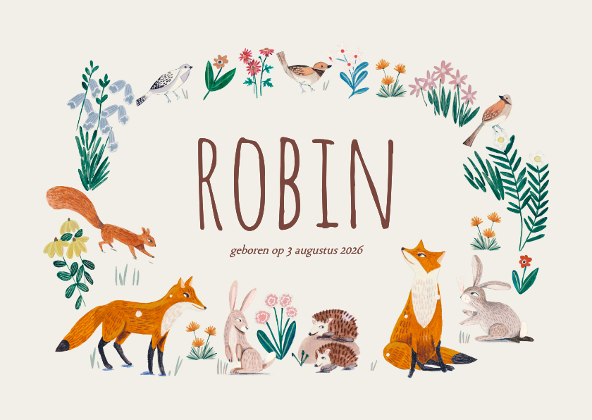 Geboortekaartjes - Lief geboortekaartje dieren krans ovaal klassiek