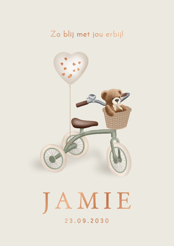 Lief geboortekaartje driewieler met teddybeer – koperfolie - Geboortekaartjes Geboortekaartjes - Lief geboortekaartje driewieler met teddybeer – koperfolie