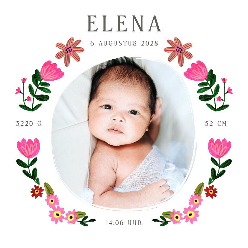 Geboortekaartjes - Lief geboortekaartje foto met bloemen rand