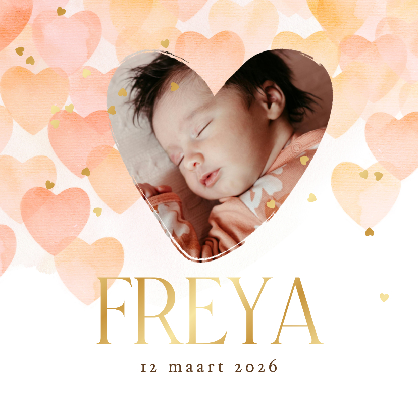 Lief geboortekaartje hartjes watercolor foto goud confetti - Geboortekaartjes Geboortekaartjes - Lief geboortekaartje hartjes watercolor foto goud confetti