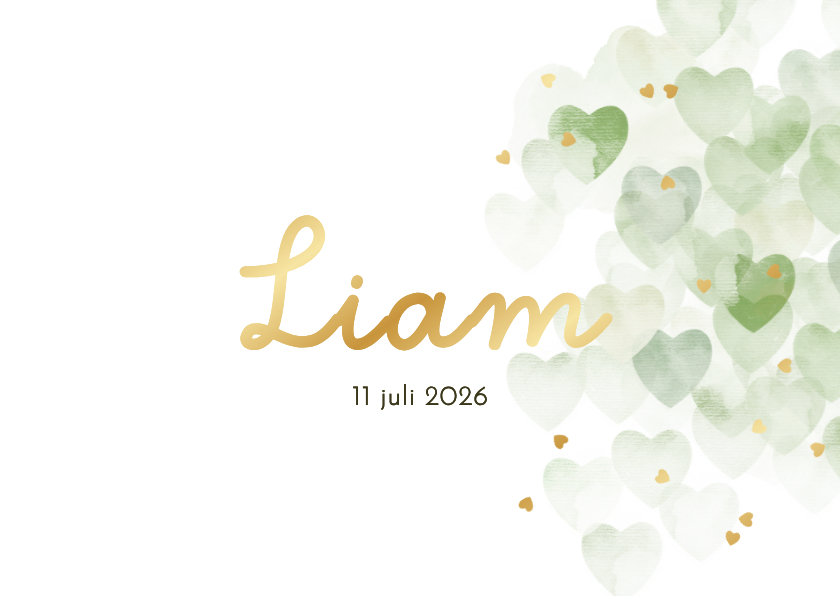 Geboortekaartjes - Lief geboortekaartje hartjes waterverf groen goudfolie