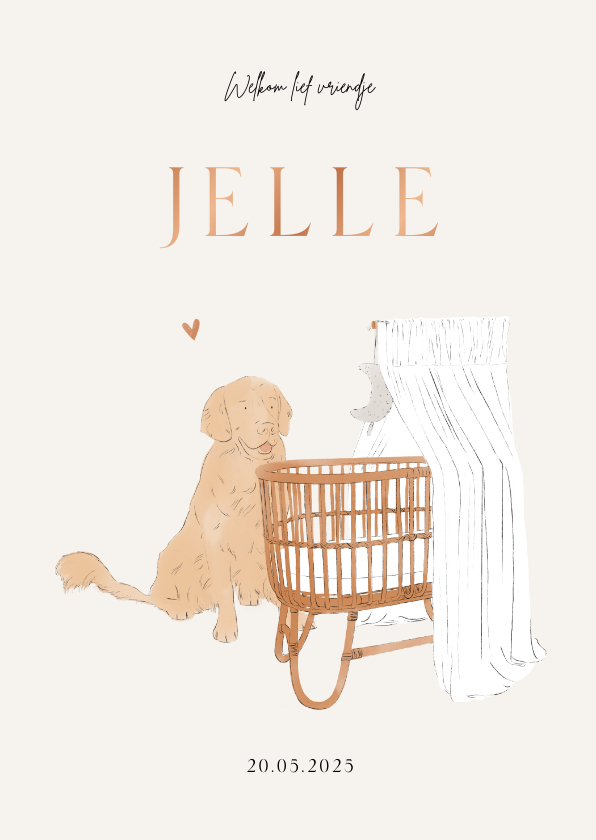 Lief geboortekaartje hond en wiegje neutraal illustratie - Geboortekaartjes Geboortekaartjes - Lief geboortekaartje hond en wiegje neutraal illustratie