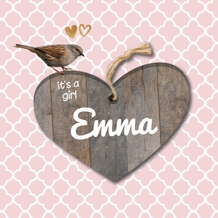 Lief geboortekaartje hout look en roze patroon - Geboortekaartjes Geboortekaartjes - Lief geboortekaartje hout look en roze patroon
