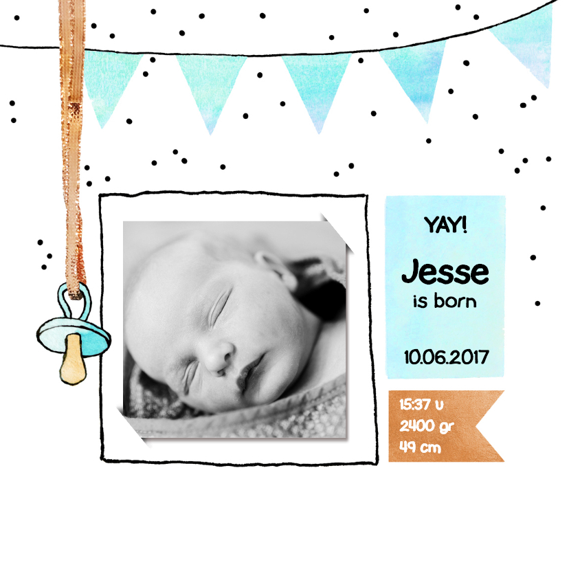 lief geboortekaartje jongen foto speen - Geboortekaartjes Geboortekaartjes - lief geboortekaartje jongen foto speen
