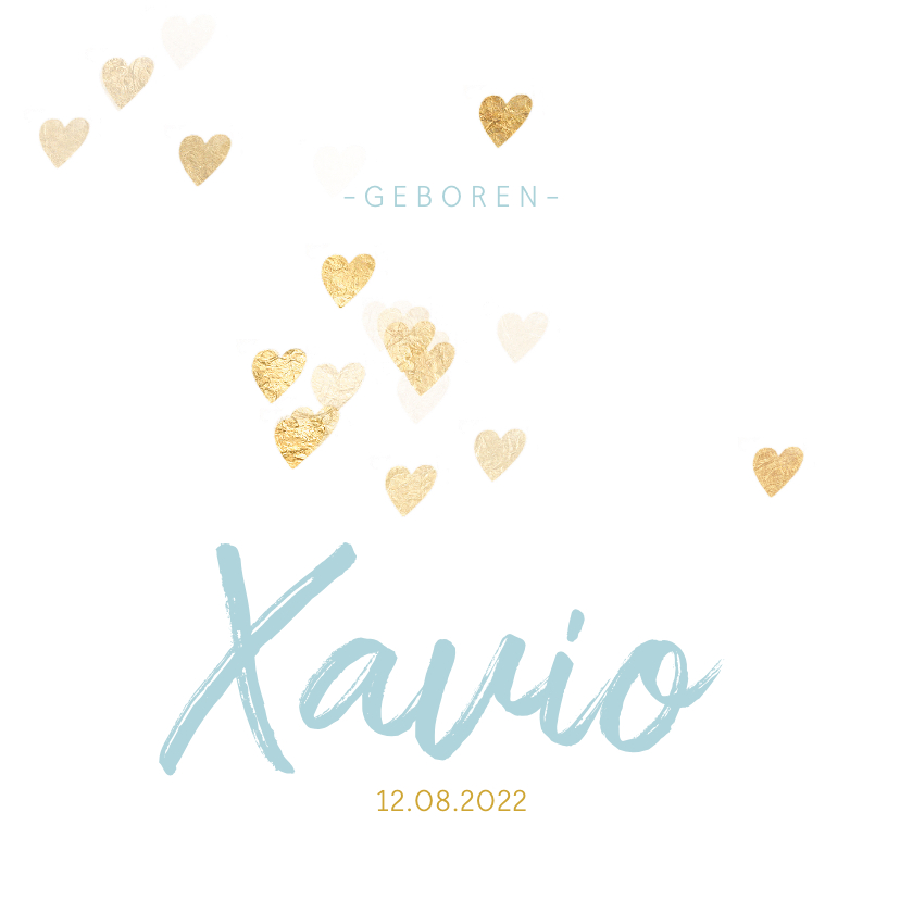 Lief geboortekaartje jongen hartjes goud - Geboortekaartjes Geboortekaartjes - Lief geboortekaartje jongen hartjes goud