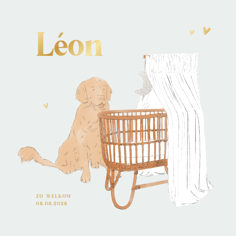 Lief geboortekaartje jongen hond en wiegje illustratie - Geboortekaartjes Geboortekaartjes - Lief geboortekaartje jongen hond en wiegje illustratie