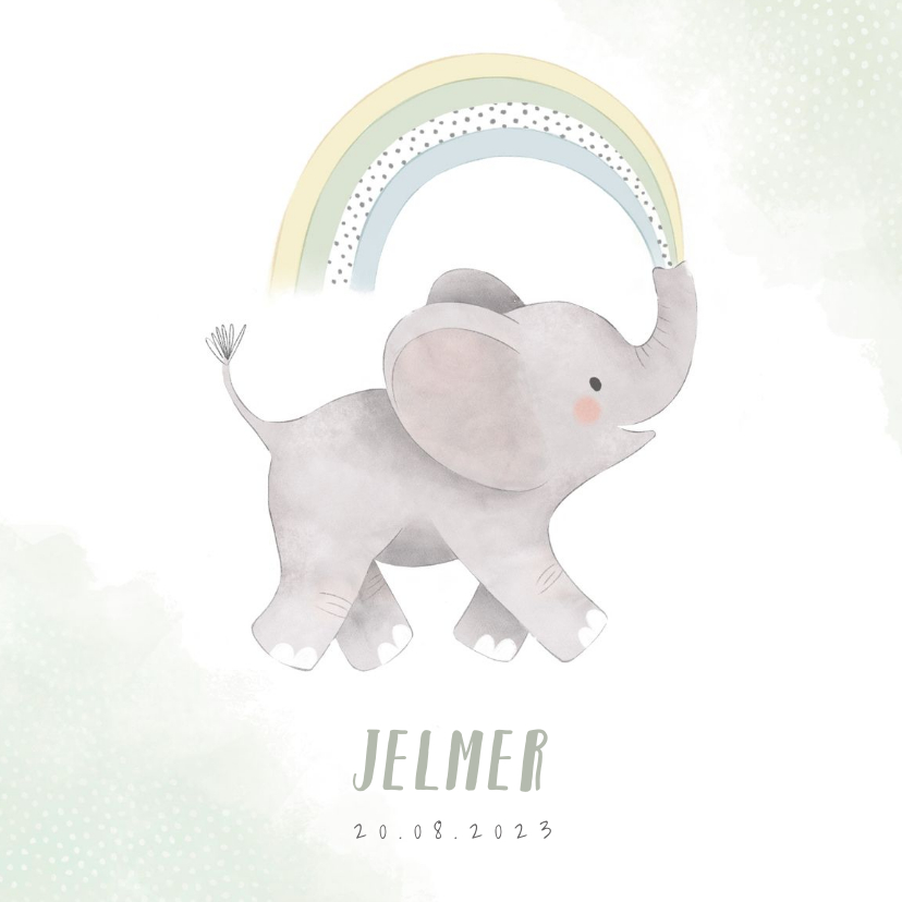 Lief geboortekaartje jongen olifant, regenboog en waterverf - Geboortekaartjes Geboortekaartjes - Lief geboortekaartje jongen olifant, regenboog en waterverf