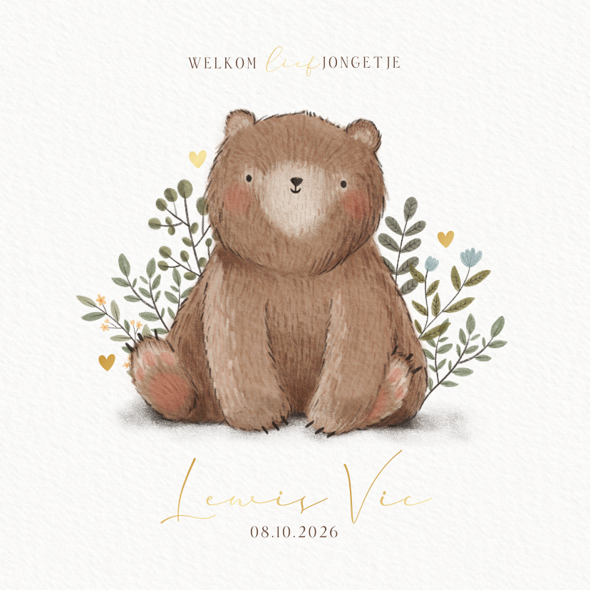 Geboortekaartjes - Lief geboortekaartje jongetje met beer plantjes en hartjes