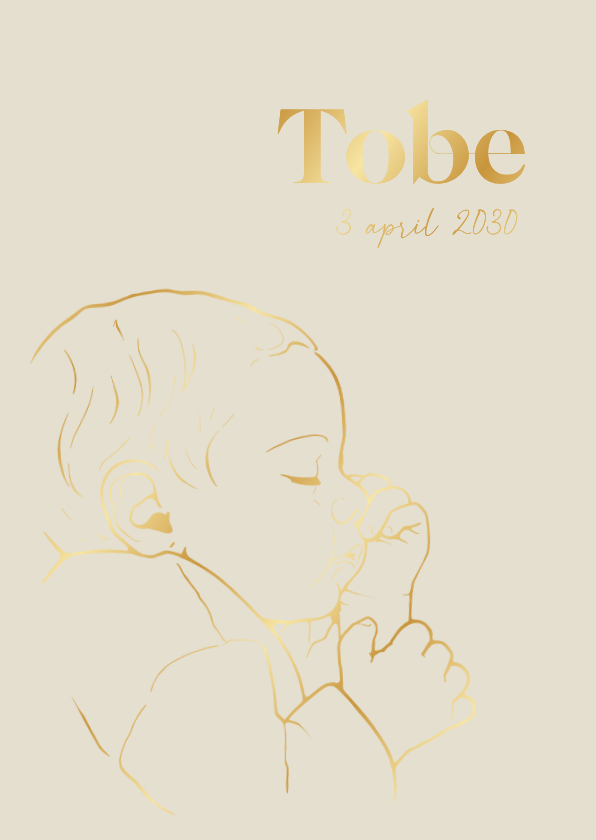 Lief geboortekaartje lijntekening slapende baby – goudfolie - Geboortekaartjes Geboortekaartjes - Lief geboortekaartje lijntekening slapende baby – goudfolie