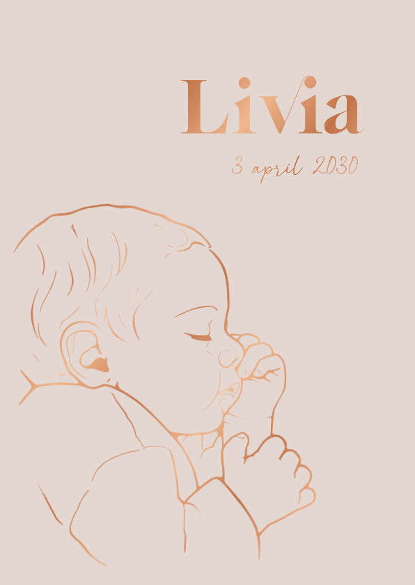 Lief geboortekaartje lijntekening slapende baby – koperfolie - Geboortekaartjes Geboortekaartjes - Lief geboortekaartje lijntekening slapende baby – koperfolie