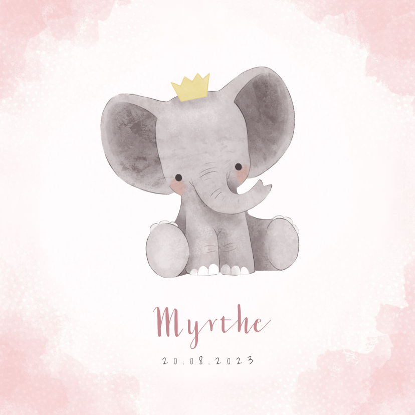 Lief geboortekaartje meisje met olifant en kroontje - Geboortekaartjes Geboortekaartjes - Lief geboortekaartje meisje met olifant en kroontje