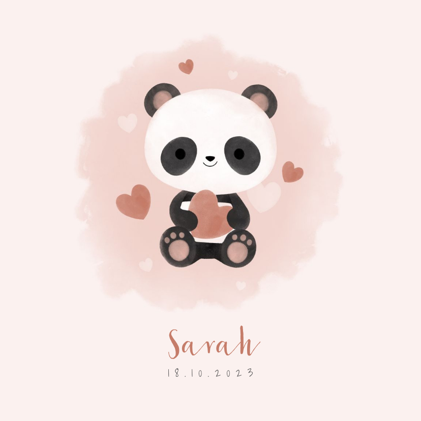 Geboortekaartjes - Lief geboortekaartje meisje met panda, hartjes en waterverf