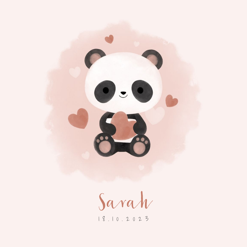 Lief geboortekaartje meisje met panda, hartjes en waterverf - Geboortekaartjes Geboortekaartjes - Lief geboortekaartje meisje met panda, hartjes en waterverf