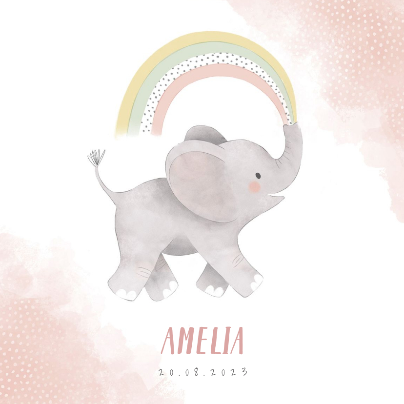 Lief geboortekaartje meisje olifant, regenboog en waterverf - Geboortekaartjes Geboortekaartjes - Lief geboortekaartje meisje olifant, regenboog en waterverf